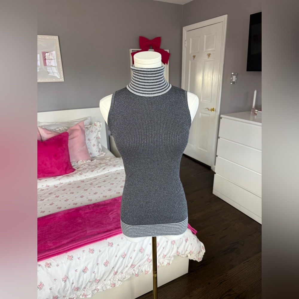 Striped Gray Sleeveless Turtleneck Top